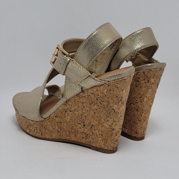 Womens Metallic Gold Glossy Open Toe Buckle Slingback Wedge Heel Sandals Size 8M - Picture 10 of 12